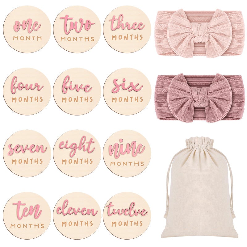 Booson 6 Pack 3D Pink Monthly Baby Milestone Announcement Sign with 2 Pack Bow Headbands Double Sided Newborn Signs Wooden Discs for Welcome Newborn Shower Boy Girl Photo Props - Image 1
