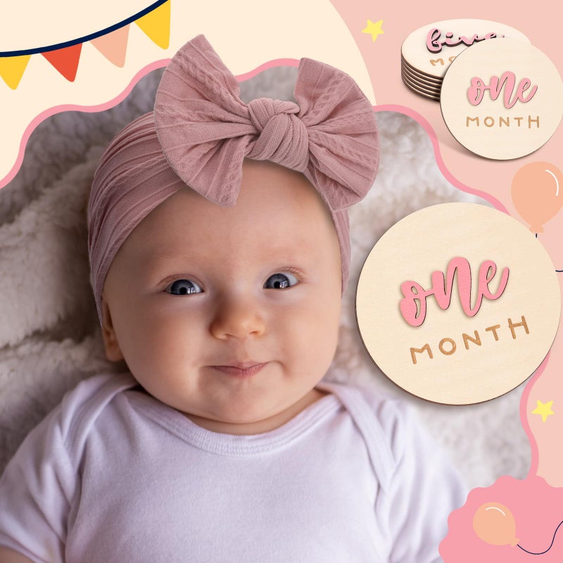 Booson 6 Pack 3D Pink Monthly Baby Milestone Announcement Sign with 2 Pack Bow Headbands Double Sided Newborn Signs Wooden Discs for Welcome Newborn Shower Boy Girl Photo Props - Image 5