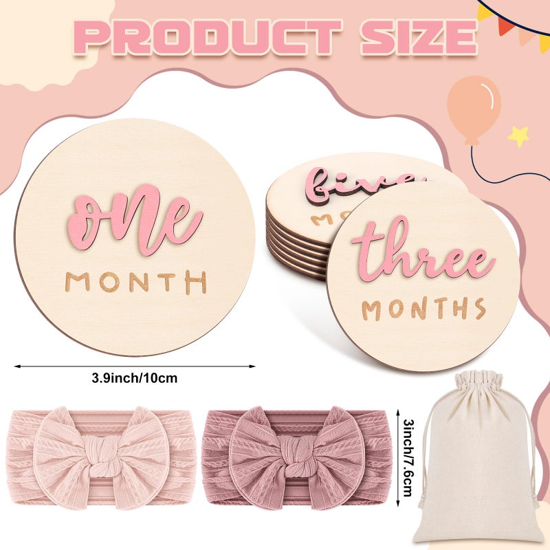 Booson 6 Pack 3D Pink Monthly Baby Milestone Announcement Sign with 2 Pack Bow Headbands Double Sided Newborn Signs Wooden Discs for Welcome Newborn Shower Boy Girl Photo Props - Image 2