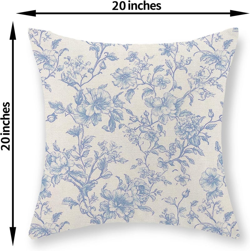 GOLIANDA Baby Blue Pillow Covers 20x20 Set of 2 Blue and Cream Floral Chinoiserie Throw Pillows Vintage Rustic Toile Flower Decorative Pillowcase Outdoor Chinoiserie Decor Cushion Case for Couch Sofa - Image 2