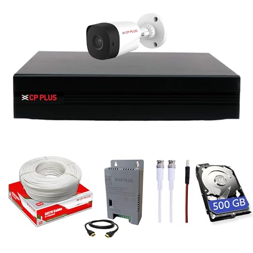 CP PLUS جهاز تسجيل رقمي بقنوات 4 بدقة Full HD مع كاميرا خارجية بدقة 2.4 ميجابكسل [ميكروفون صوتي مدمج + كشف الحركة] + 500 جيجابايت هارد ديسك + 4 قنوات SMPS + كابل CCTV، USEWELL HDMI+BNC/DC، أبيض - Image 1