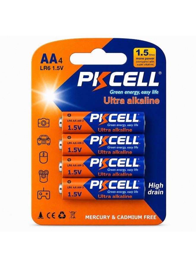 PKCELL 4 Pack AA Batteries, 1.5V High Performance Alkaline Double AA Battery for Keyboards, Clocks, Toys, Remote Controls (10-Year Shelf Life) - Image 1