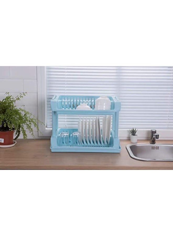 Venice 2-Layer Kitchen Dish Rack – L47×H36×W34 cm – Plastic Dish Drainer with Removable Tray for Plates, Utensils & Cutlery – Sky Blue - Image 2