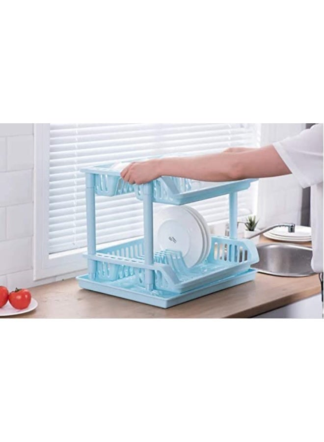 Venice 2-Layer Kitchen Dish Rack – L47×H36×W34 cm – Plastic Dish Drainer with Removable Tray for Plates, Utensils & Cutlery – Sky Blue - Image 3
