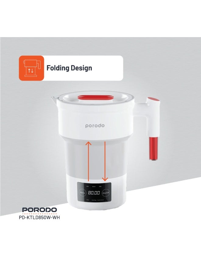 Portable Folding Electric Tea Kettle/ Temperature Setting/ 600ml Water Capacity/ High-Grade Silicone/ Digital Display/ 850W Rated Power/ Folding Design - White