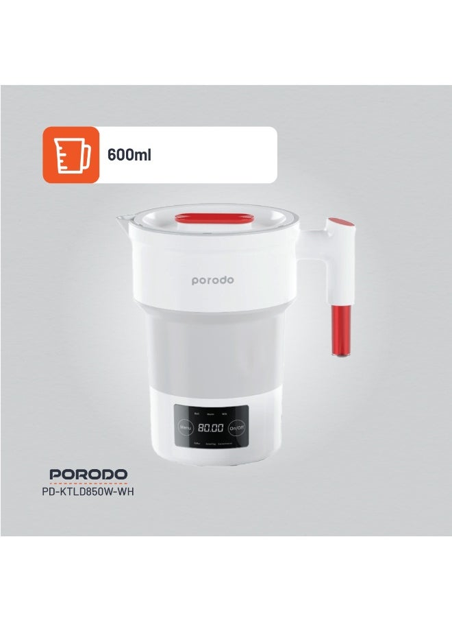 Portable Folding Electric Tea Kettle/ Temperature Setting/ 600ml Water Capacity/ High-Grade Silicone/ Digital Display/ 850W Rated Power/ Folding Design - White