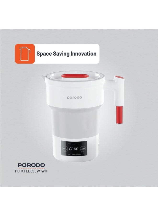 Portable Folding Electric Tea Kettle/ Temperature Setting/ 600ml Water Capacity/ High-Grade Silicone/ Digital Display/ 850W Rated Power/ Folding Design - White