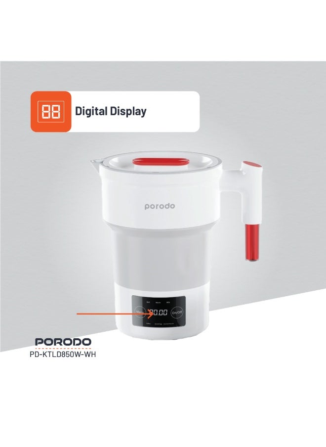 Portable Folding Electric Tea Kettle/ Temperature Setting/ 600ml Water Capacity/ High-Grade Silicone/ Digital Display/ 850W Rated Power/ Folding Design - White