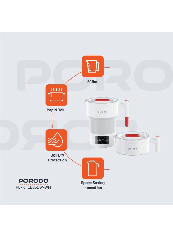 Portable Folding Electric Tea Kettle/ Temperature Setting/ 600ml Water Capacity/ High-Grade Silicone/ Digital Display/ 850W Rated Power/ Folding Design - White