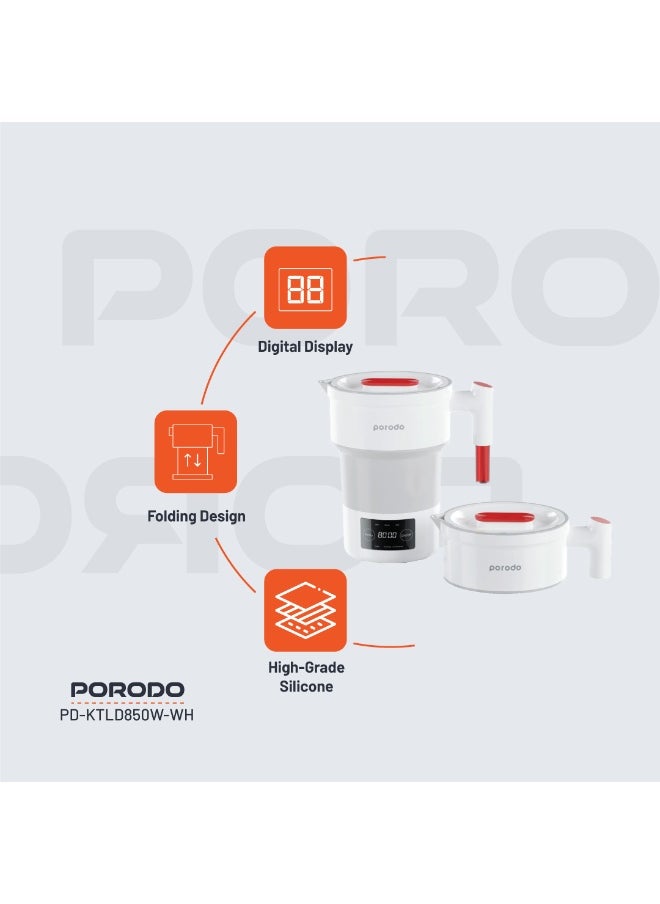 Portable Folding Electric Tea Kettle/ Temperature Setting/ 600ml Water Capacity/ High-Grade Silicone/ Digital Display/ 850W Rated Power/ Folding Design - White