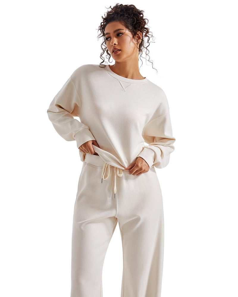 SUUKSESS Women Modal 2 piece outfits Oversized Sweatshirt Fall Lounge Set Wide Leg Pants Matching Sets (Apricot,M) - Image 2