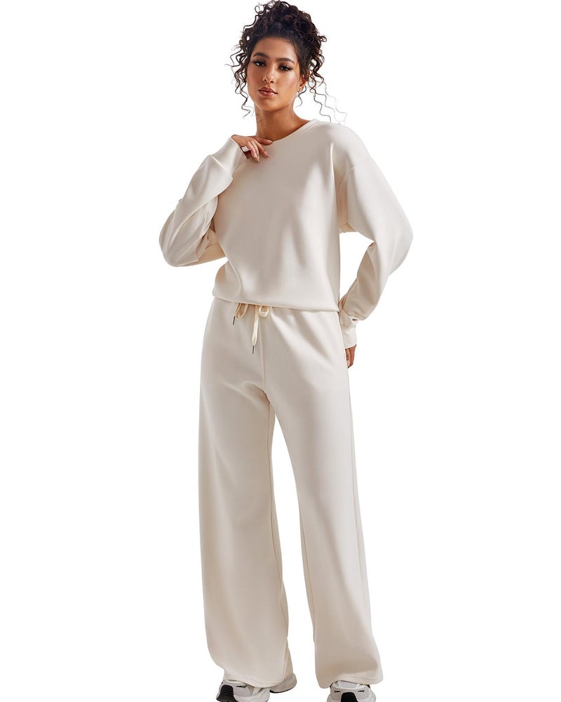 SUUKSESS Women Modal 2 piece outfits Oversized Sweatshirt Fall Lounge Set Wide Leg Pants Matching Sets (Apricot,M) - Image 5