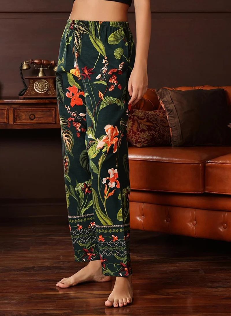Clovia Clovia Print Me Pretty Pyjama in Dark Green - Cotton