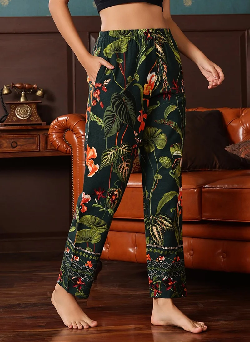 Clovia Green Clovia Print Me Pretty Pyjama in Dark Green - Cotton for Women | Best Price UAE