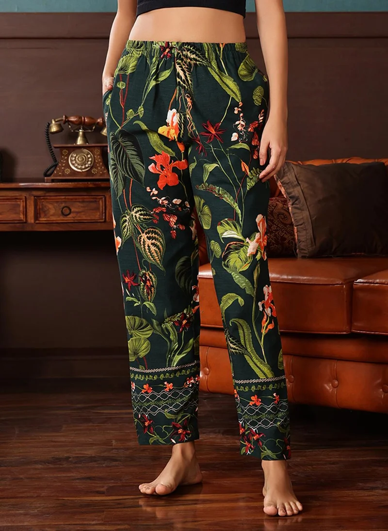 Clovia Clovia Print Me Pretty Pyjama in Dark Green - Cotton