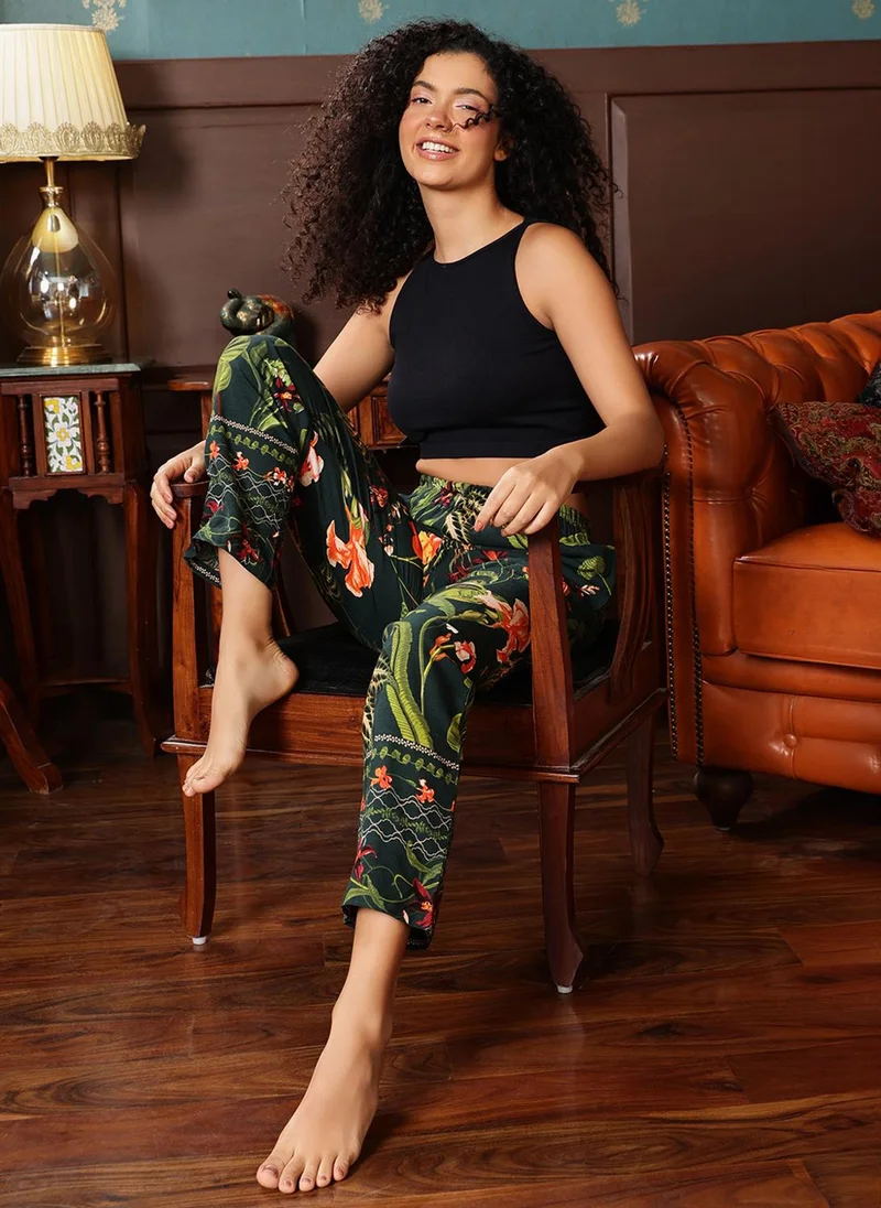 Clovia Green Clovia Print Me Pretty Pyjama in Dark Green - Cotton for Women | Best Price UAE
