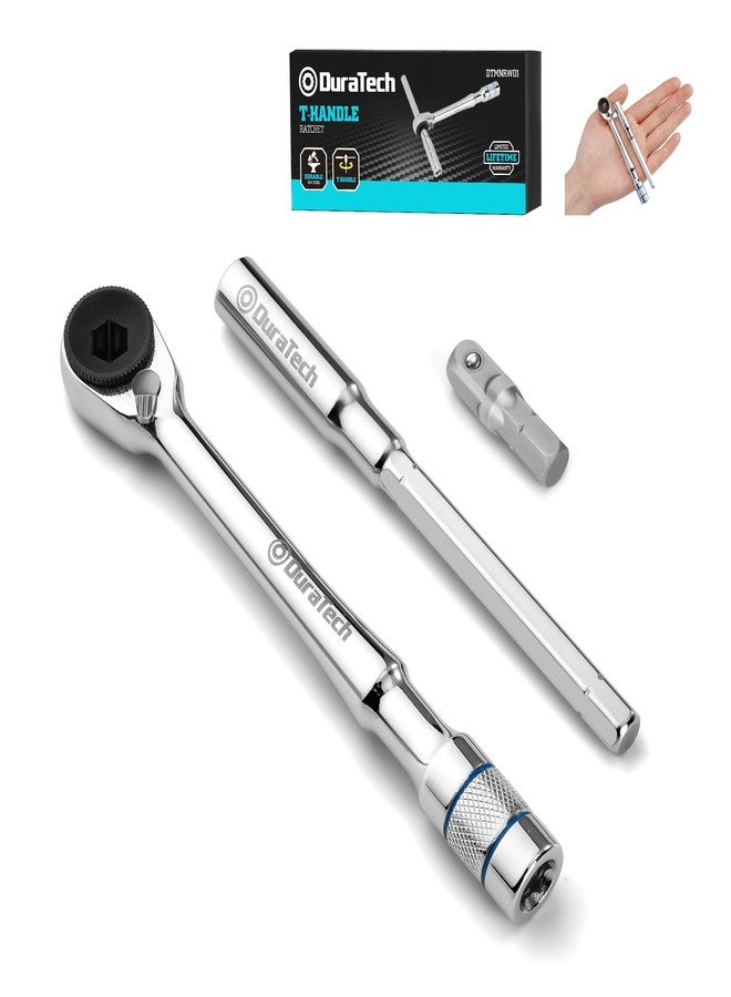 DURATECH 1/4" T-Handle Ratchet, Mini Ratchet Wrench with Hex Bit Extension and Adapter Set, Compatible with Standard 1/4" Hex Bits or Sockets, Portable and Versatile Repair Tool for Tight Spaces - Image 1