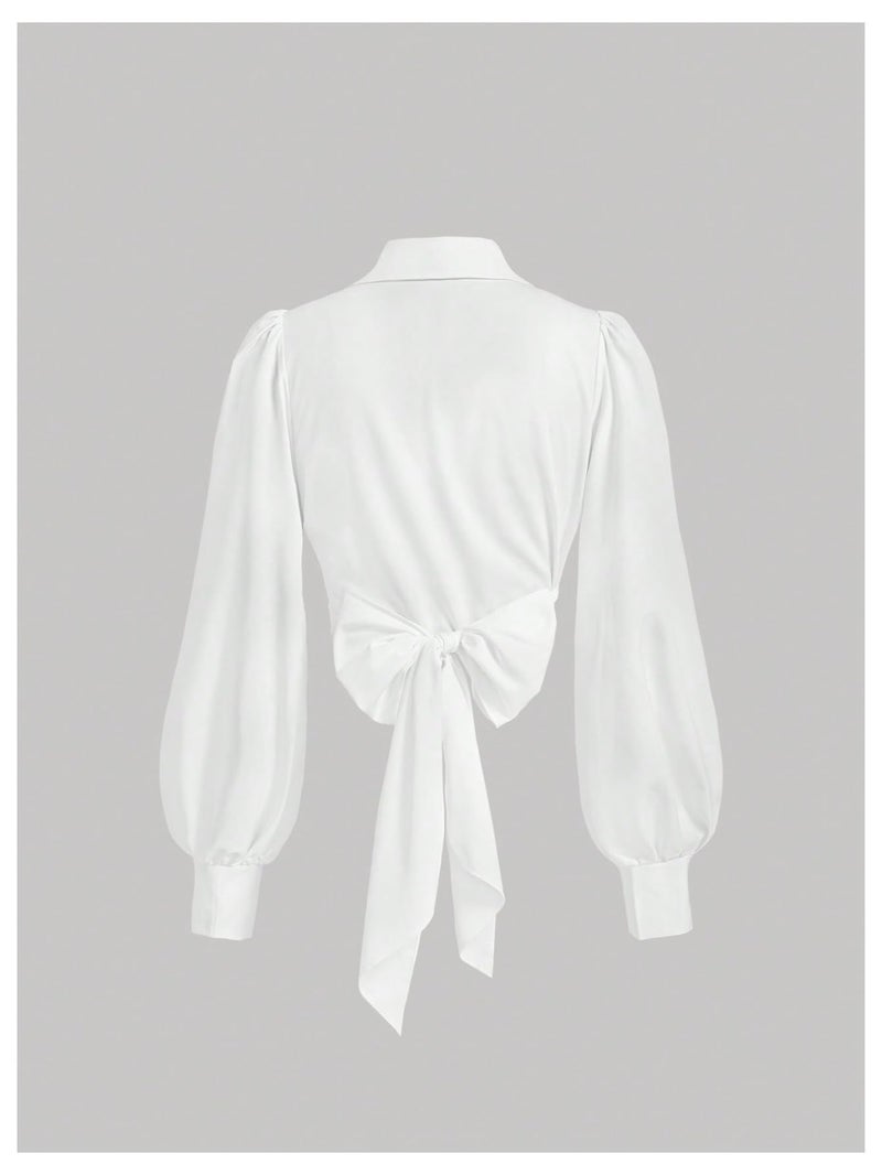 SweatyRocks Women's Button up Collar Cropped Shirt Long Sleeve Self Wrap Crop Top Blouse White Large - Image 2