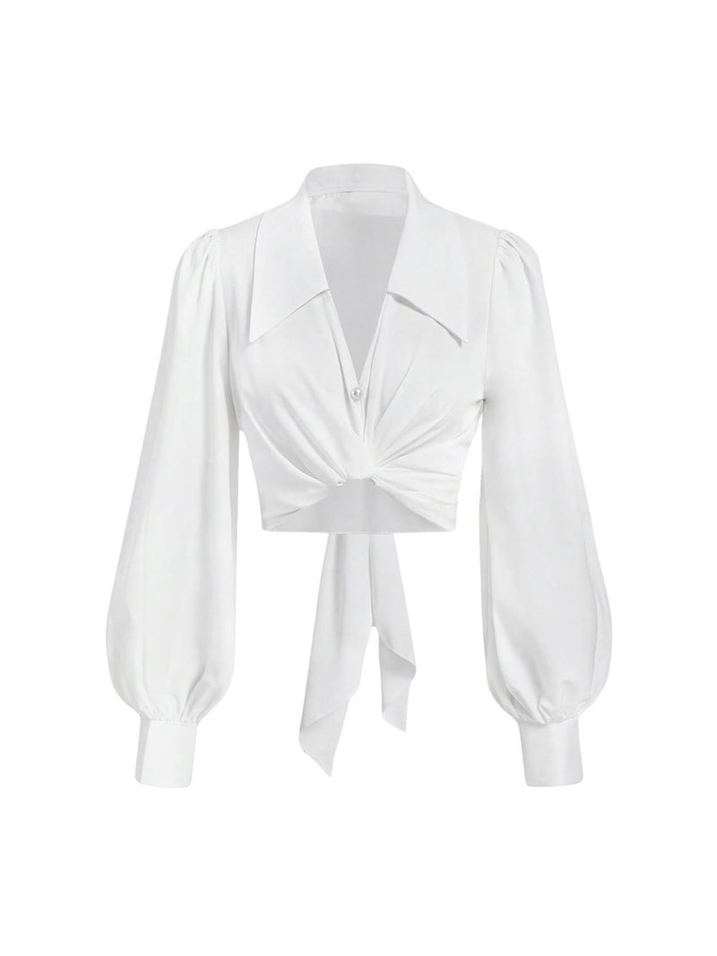 SweatyRocks Women's Button up Collar Cropped Shirt Long Sleeve Self Wrap Crop Top Blouse White Large - Image 1