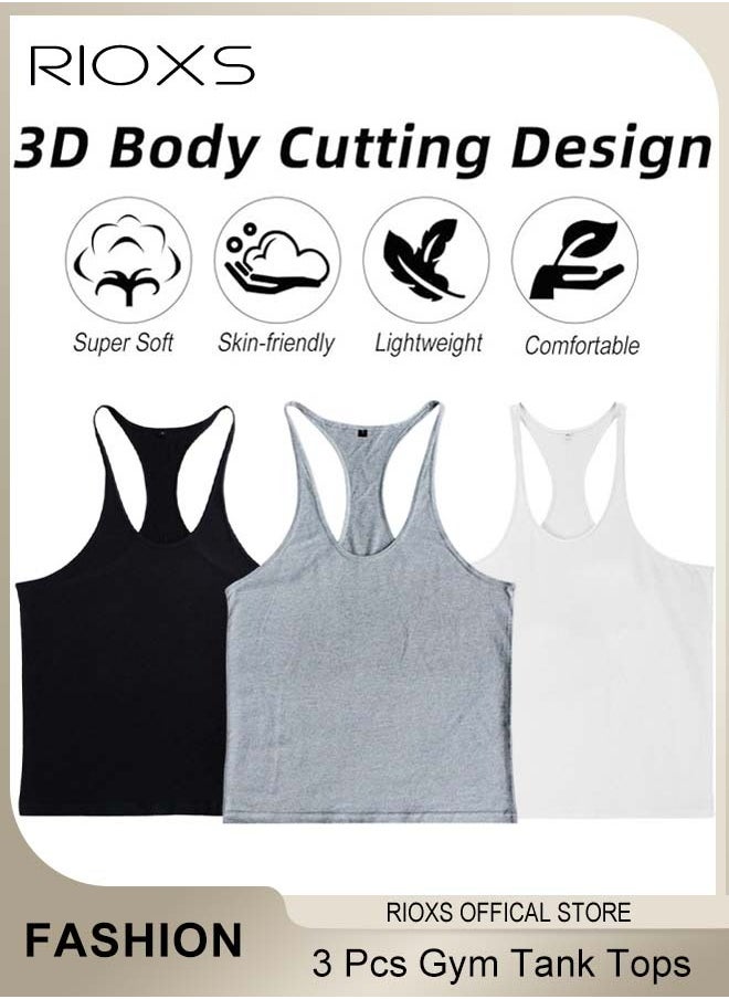 RIOXS - Men's 3 Pack Workout Gym Tank Tops, Running Bodybuilding Training Sleeveless T-Shirt, Spaghetti Strap Muscle Underwear Vest, Y-Back Workout Tank Tops, Lightweight Undershirts For Men, Quick Dry Sleeveless Swim Shirt, Athletic Summer Beach T Shirts - Image 1