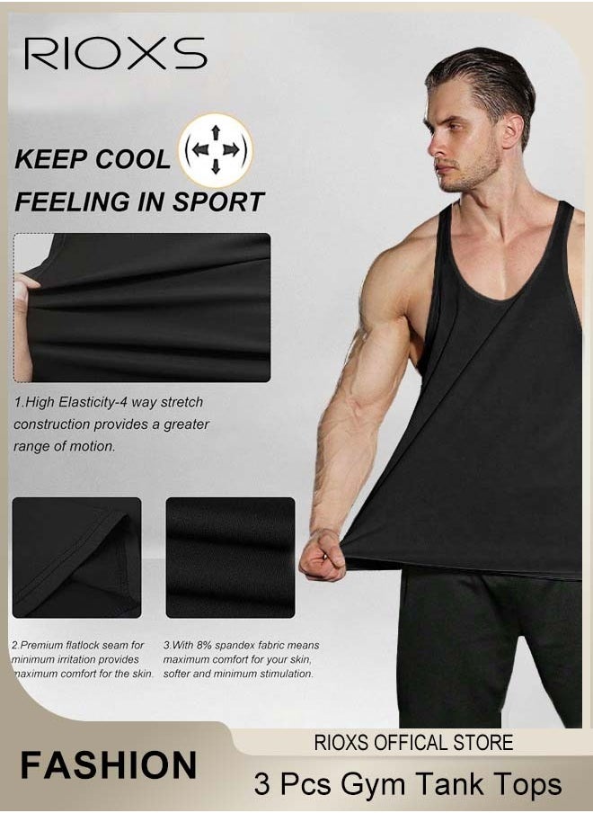 RIOXS - Men's 3 Pack Workout Gym Tank Tops, Running Bodybuilding Training Sleeveless T-Shirt, Spaghetti Strap Muscle Underwear Vest, Y-Back Workout Tank Tops, Lightweight Undershirts For Men, Quick Dry Sleeveless Swim Shirt, Athletic Summer Beach T Shirts - Image 1