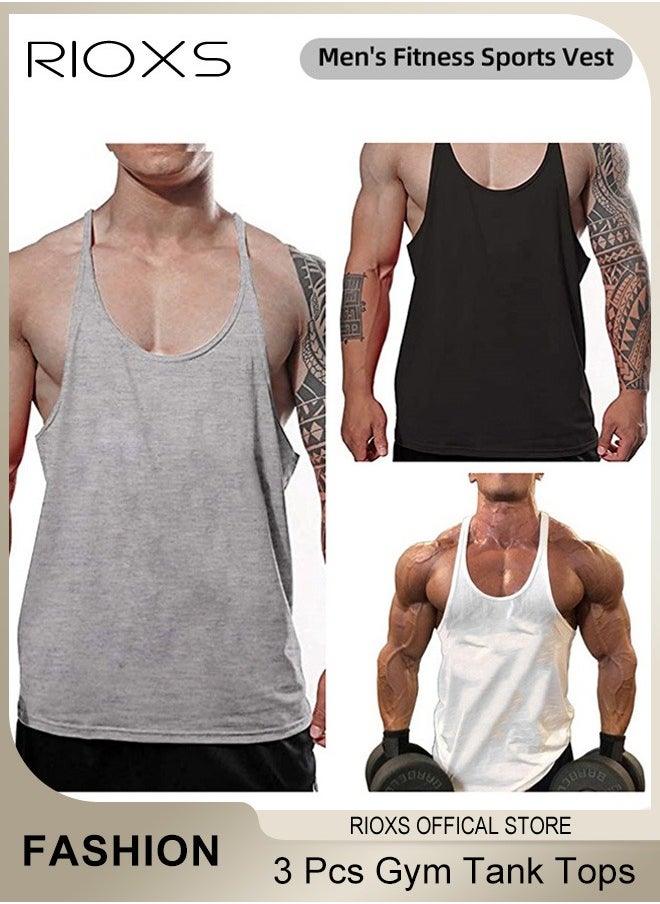 RIOXS - Men's 3 Pack Workout Gym Tank Tops, Running Bodybuilding Training Sleeveless T-Shirt, Spaghetti Strap Muscle Underwear Vest, Y-Back Workout Tank Tops, Lightweight Undershirts For Men, Quick Dry Sleeveless Swim Shirt, Athletic Summer Beach T Shirts - Image 1