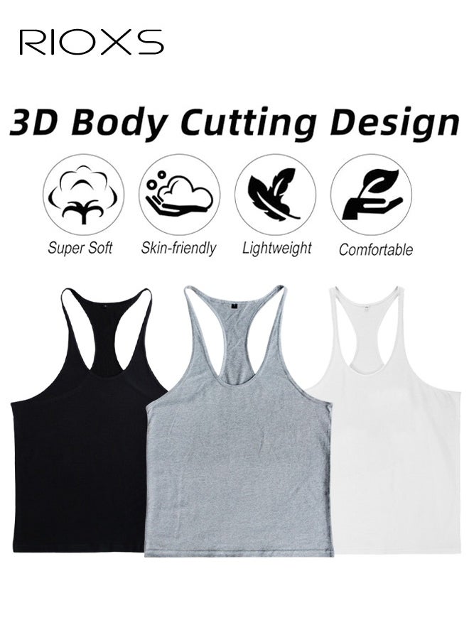 RIOXS Men's 3 Pack Workout Gym Tank Tops, Running Bodybuilding Training Sleeveless T-Shirt, Spaghetti Strap Muscle Underwear Vest, Y-Back Workout Tank Tops, Lightweight Undershirts For Men, Quick Dry Sleeveless Swim Shirt, Athletic Summer Beach T Shirts  - Image 3