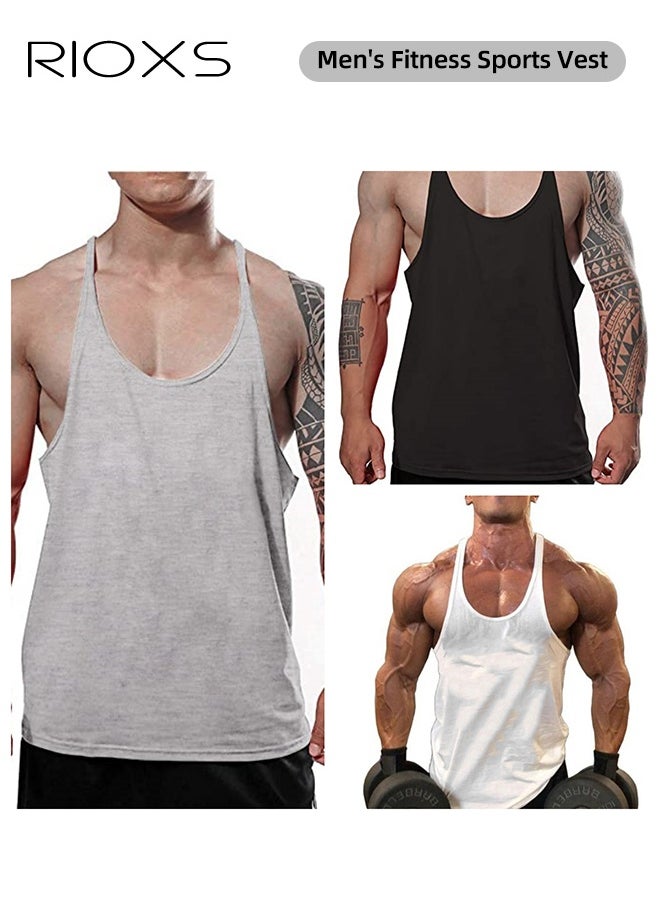 RIOXS Men's 3 Pack Workout Gym Tank Tops, Running Bodybuilding Training Sleeveless T-Shirt, Spaghetti Strap Muscle Underwear Vest, Y-Back Workout Tank Tops, Lightweight Undershirts For Men, Quick Dry Sleeveless Swim Shirt, Athletic Summer Beach T Shirts  - Image 1