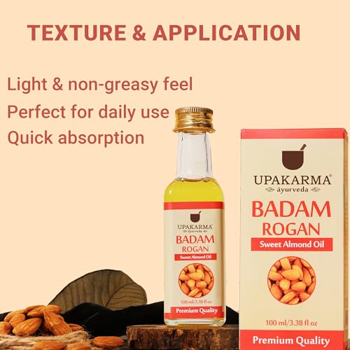 UPAKARMA Cold Pressed Sweet Almond Oil | 100% Pure & Natural Badam Rogan Oil for Face, Skin, Hair & Body | Nourishing & Hydrating Oil – 100 ml (Pack of 2) - Image 4