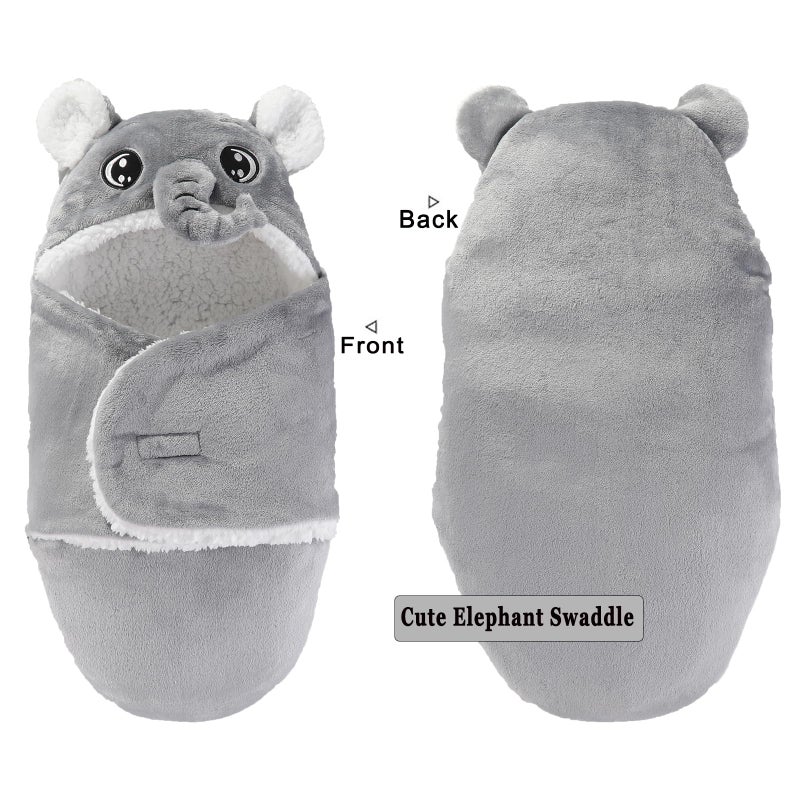 Winmany Baby Hooded Fleece Swaddle Blanket Newborn Fannel Cartoon Receiving Blanket Soft Plush Sleeping Bag Sack Stroller Wrap for Infants Girl Boy 0-6Months (Grey Elephant, 0-3Month) - Image 4