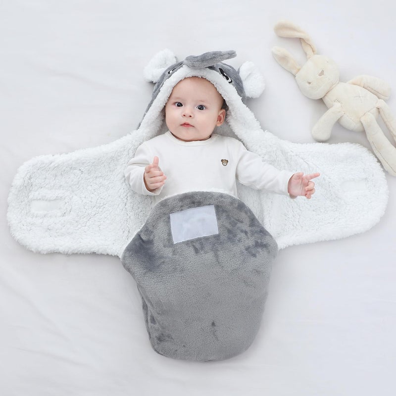 Winmany Baby Hooded Fleece Swaddle Blanket Newborn Fannel Cartoon Receiving Blanket Soft Plush Sleeping Bag Sack Stroller Wrap for Infants Girl Boy 0-6Months (Grey Elephant, 0-3Month) - Image 2