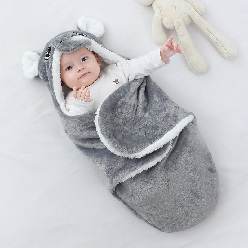 Winmany Baby Hooded Fleece Swaddle Blanket Newborn Fannel Cartoon Receiving Blanket Soft Plush Sleeping Bag Sack Stroller Wrap for Infants Girl Boy 0-6Months (Grey Elephant, 0-3Month) - Image 3