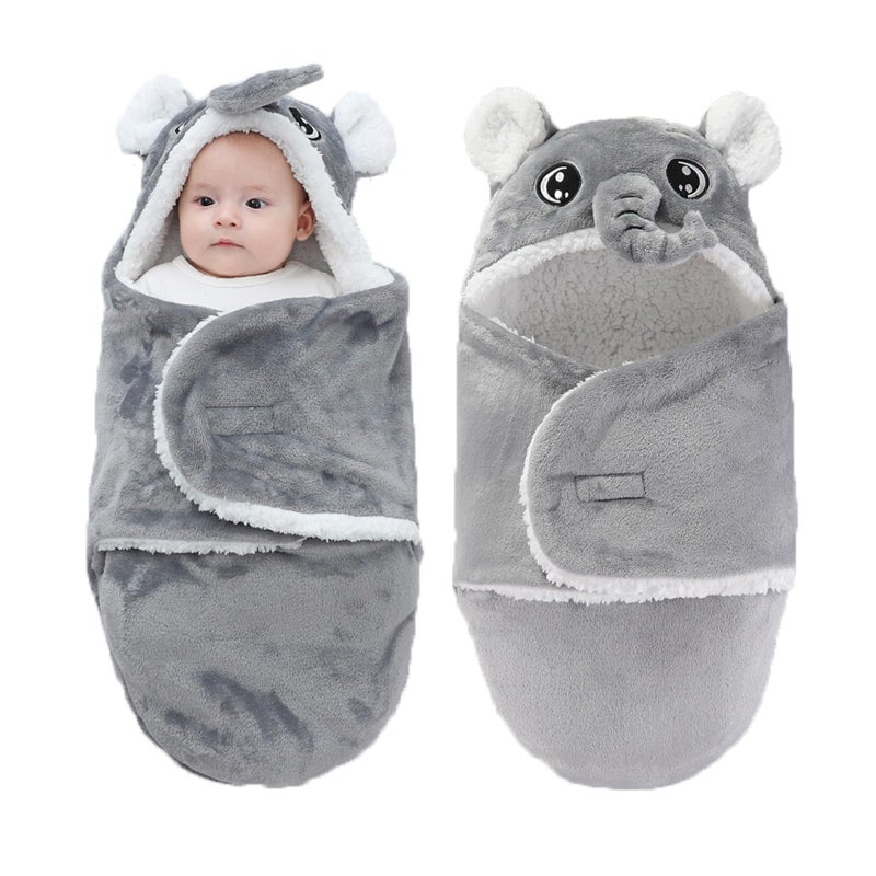 Winmany Baby Hooded Fleece Swaddle Blanket Newborn Fannel Cartoon Receiving Blanket Soft Plush Sleeping Bag Sack Stroller Wrap for Infants Girl Boy 0-6Months (Grey Elephant, 0-3Month) - Image 1