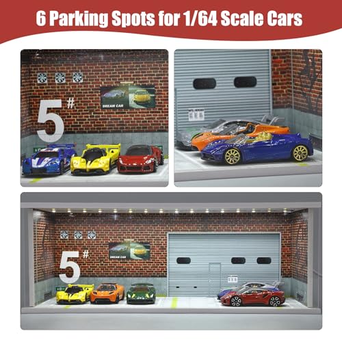 Saichotoy Display Case for Hot Wheels: Stackable Parking Garage for 1/64 Scale Matchbox Toy Car, FoamBoard Storage for Monster Trucks with LED Light and Acrylic Cover, Repair Store - Image 2
