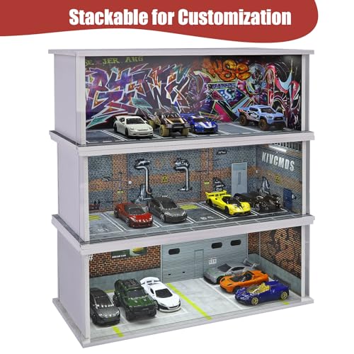 Saichotoy Display Case for Hot Wheels: Stackable Parking Garage for 1/64 Scale Matchbox Toy Car, FoamBoard Storage for Monster Trucks with LED Light and Acrylic Cover, Repair Store - Image 4