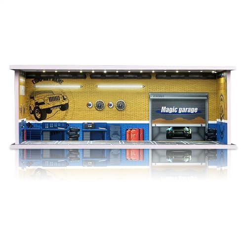 Saichotoy Display Case for Hot Wheels: Stackable Parking Garage for 1/64 Scale Matchbox Toy Car, FoamBoard Storage for Monster Trucks with LED Light and Acrylic Cover, Repair Store - Image 1