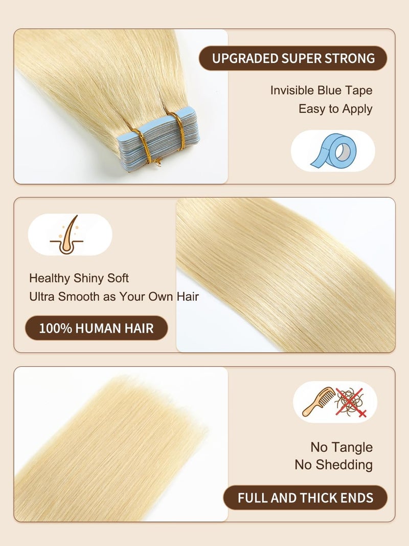 ييليت إكسسوارات شعر YILITE Tape In من شعر بشري، 18 بوصة، 20 قطعة، 50 جرام، مستقيم حريري غير مرئي، شعر ريمي، لون #613 أشقر مبيض - Image 2