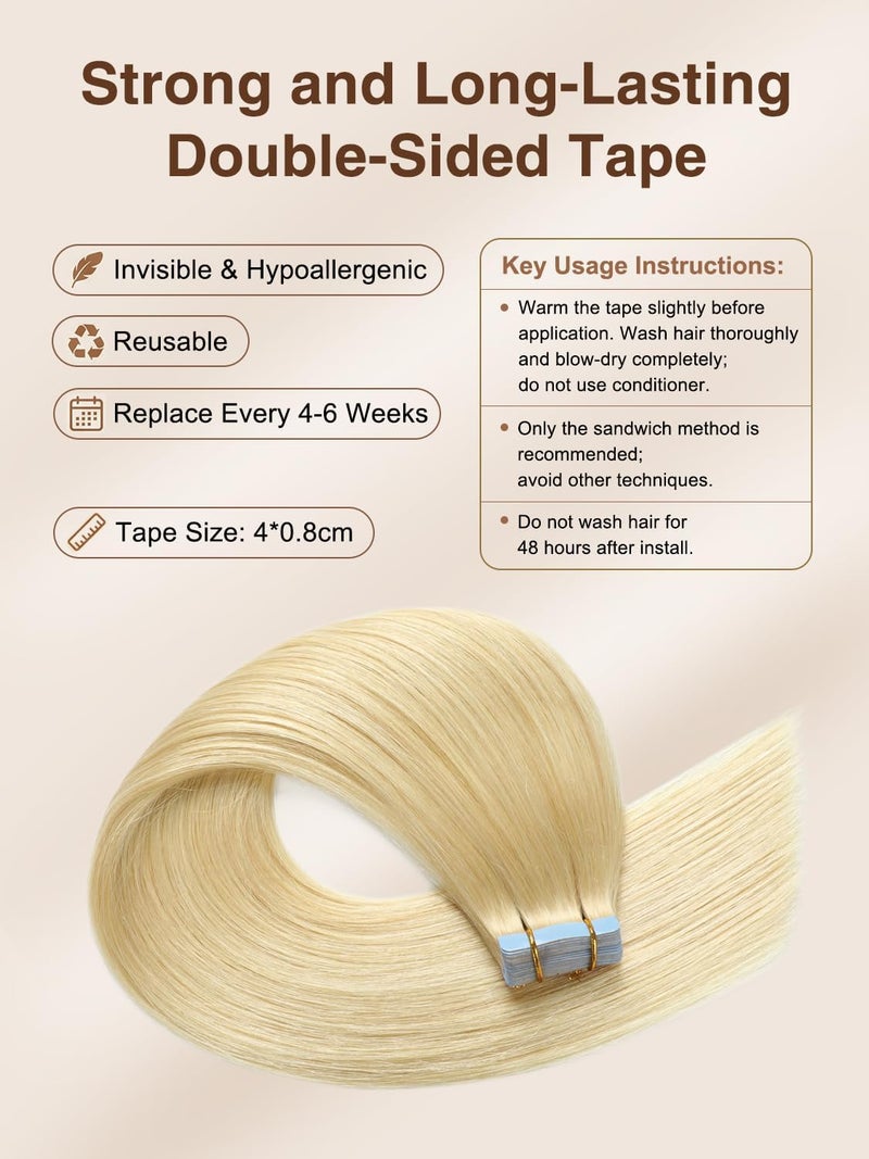 ييليت إكسسوارات شعر YILITE Tape In من شعر بشري، 18 بوصة، 20 قطعة، 50 جرام، مستقيم حريري غير مرئي، شعر ريمي، لون #613 أشقر مبيض - Image 4