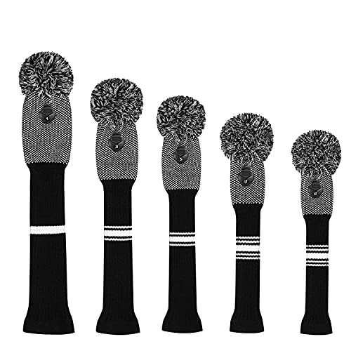 Scott Edward Knit Golf Club Cover with a Pom Set of 5 Orderly Black and White Dot Head Covers Protect Driver Wood(460cc)*1 Fairway Wood*2 and Hybrid/UT*2 with Rotating Club Number Tags - Image 2