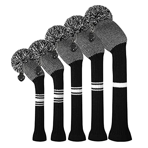 Scott Edward Knit Golf Club Cover with a Pom Set of 5 Orderly Black and White Dot Head Covers Protect Driver Wood(460cc)*1 Fairway Wood*2 and Hybrid/UT*2 with Rotating Club Number Tags - Image 1