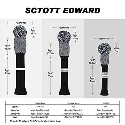 Scott Edward Knit Golf Club Cover with a Pom Set of 5 Orderly Black and White Dot Head Covers Protect Driver Wood(460cc)*1 Fairway Wood*2 and Hybrid/UT*2 with Rotating Club Number Tags - Image 3