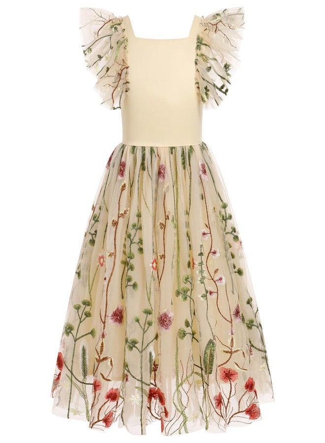 IBAKOM Toddler Flower Girl Dress for Wedding Floral Butterfly Daisy Flutter Sleeve Princess Birthday Tulle Sundress Formal Tea Party Bridesmaid Ball Gown Easter Halloween Dresses Apricot 7-8 Years - Image 3