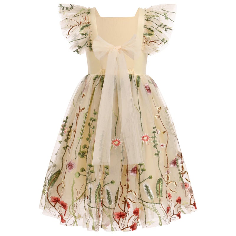 IBAKOM Toddler Flower Girl Dress for Wedding Floral Butterfly Daisy Flutter Sleeve Princess Birthday Tulle Sundress Formal Tea Party Bridesmaid Ball Gown Easter Halloween Dresses Apricot 7-8 Years - Image 1