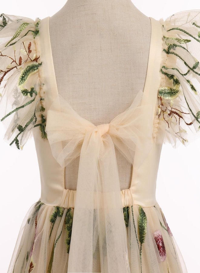 IBAKOM Toddler Flower Girl Dress for Wedding Floral Butterfly Daisy Flutter Sleeve Princess Birthday Tulle Sundress Formal Tea Party Bridesmaid Ball Gown Easter Halloween Dresses Apricot 7-8 Years - Image 5