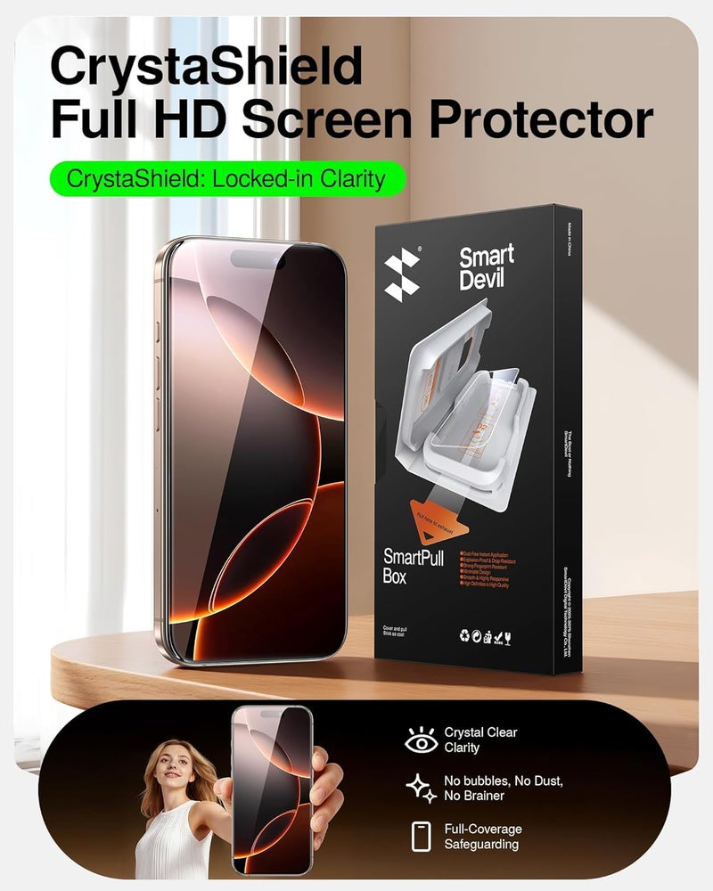 سمارت ديفل حزمة من 2 زجاج مقسى لـ iPhone 16 Pro Max، واقي شاشة عالي الوضوح كريستال، صلابة 9H، حماية من السقوط بدرجة عسكرية، خالٍ من الفقاعات وسهل التركيب، تصميم متوافق مع الحافظات - Image 2