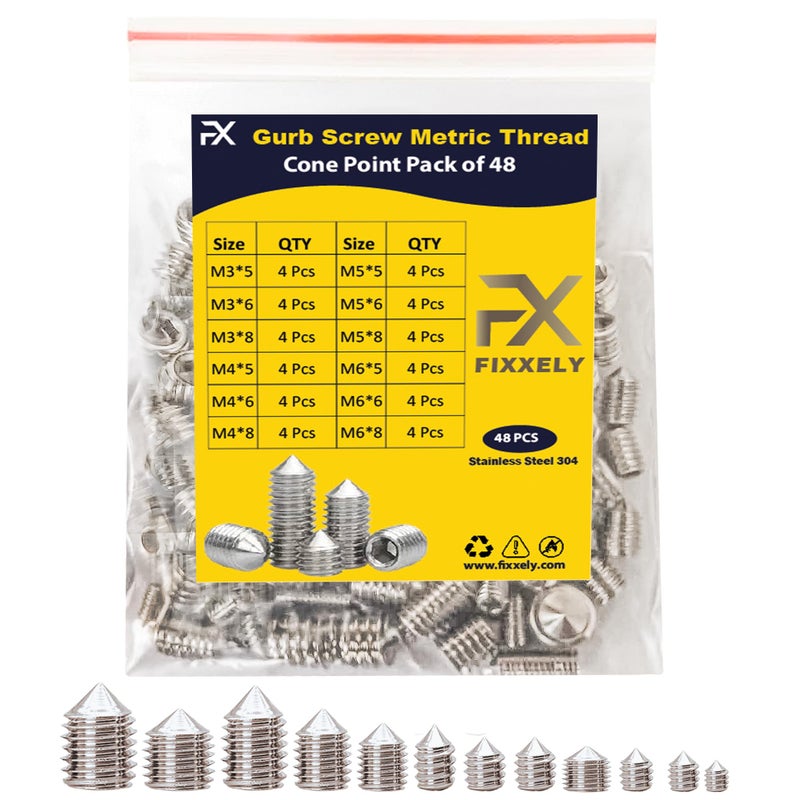 Fixxely Cone Point Set Screws 48 Pcs (M3 M4 M5 M6) Hex Head - Metric 304 Stainless Steel Grub Screws Assorted Sizes Ideal For Home Repairs  Bathroom Fixtures And More - Image 1