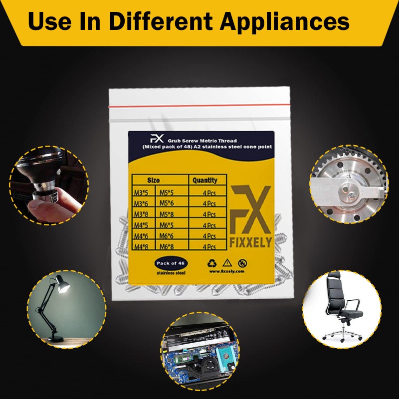 Fixxely Cone Point Set Screws 48 Pcs (M3 M4 M5 M6) Hex Head - Metric 304 Stainless Steel Grub Screws Assorted Sizes Ideal For Home Repairs  Bathroom Fixtures And More - Image 2