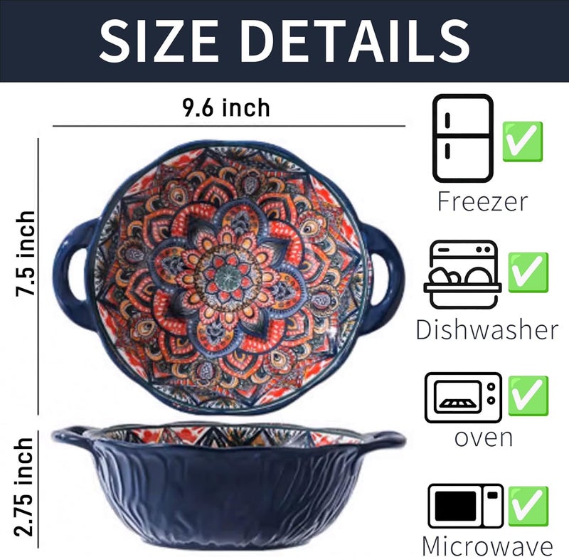Ronanemon Bohemia Large Bowls with Handle, 40 oz Ceramic Soup Bowl for Salad, Pasta, Cereal,Fruit, Udon, Microwave & Dishwasher Safe (Blue) - Image 2