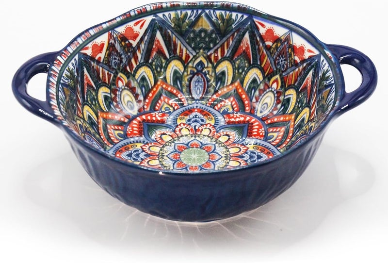 Ronanemon Bohemia Large Bowls with Handle, 40 oz Ceramic Soup Bowl for Salad, Pasta, Cereal,Fruit, Udon, Microwave & Dishwasher Safe (Blue) - Image 1