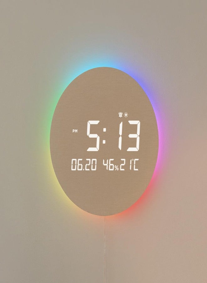 mooas ساعة حائط رقمية خشبية صامتة بتقنية LED، مزودة بإضاءة ليلية على شكل قمر مكتمل وشفق قطبي، مع جهاز تحكم عن بعد، ومقياس لدرجة الحرارة والرطوبة، وإضاءة خلفية بـ 12 لونًا مزاجيًا، ومؤقت منبه لشروق الشمس، وخاصية السطوع التلقائي، مناسبة لغرف النوم والمعيشة. - Image 1